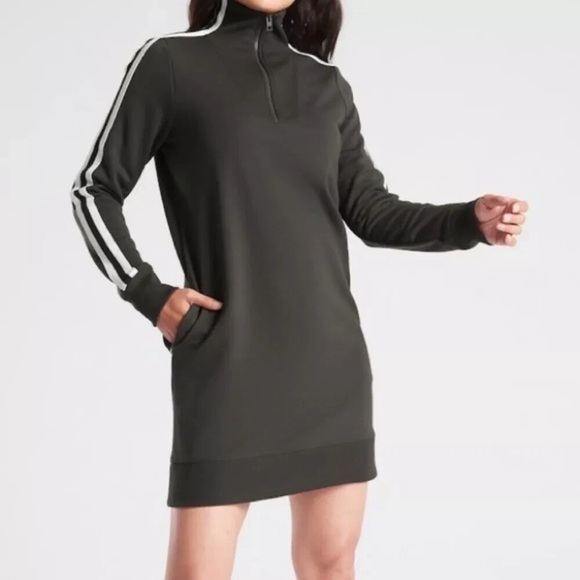 Athleta Dresses & Skirts - Athleta Brown Circa Track Quarter-Zip Top White Accents Sweatshirt Dress 2.0